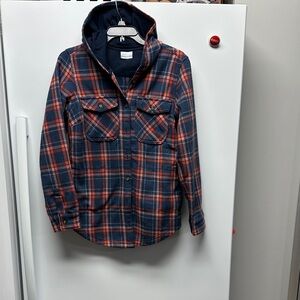 Columbia Men's Navy and Red Plaid Hooded Shirt